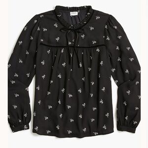 J Crew Factory Velvet Tie Neck Blouse Top, Black Bow Print, Small